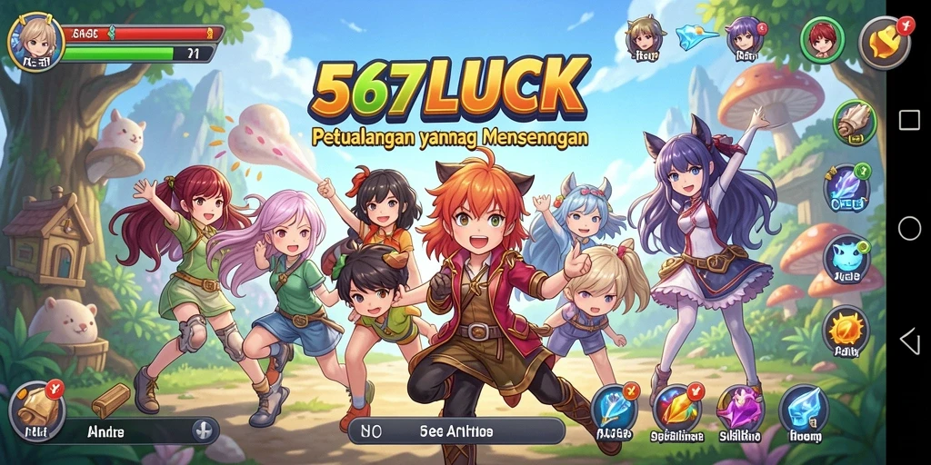 Tampilan gameplay menarik dari 567LUCK dengan karakter anime yang berwarna-warni.