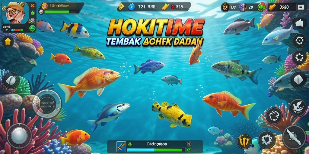 Screenshot HOKITIME menampilkan aksi seru dalam menembak ikan.