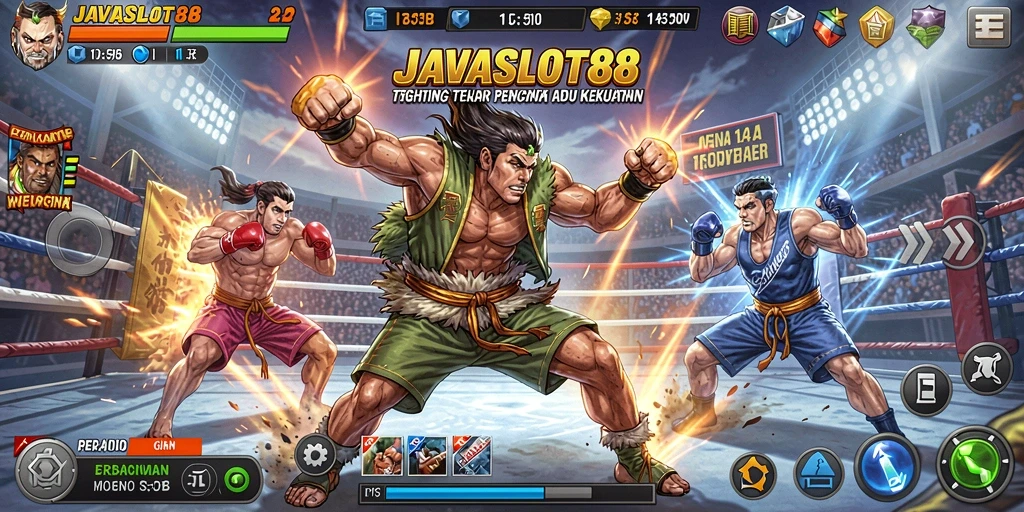 Screenshot utama menampilkan karakter bertarung dengan aksi spektakuler di arena.