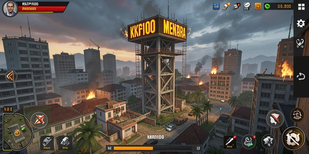 Gameplay KPK100 menampilkan menara yang berfungsi melindungi markas dari serangan musuh.