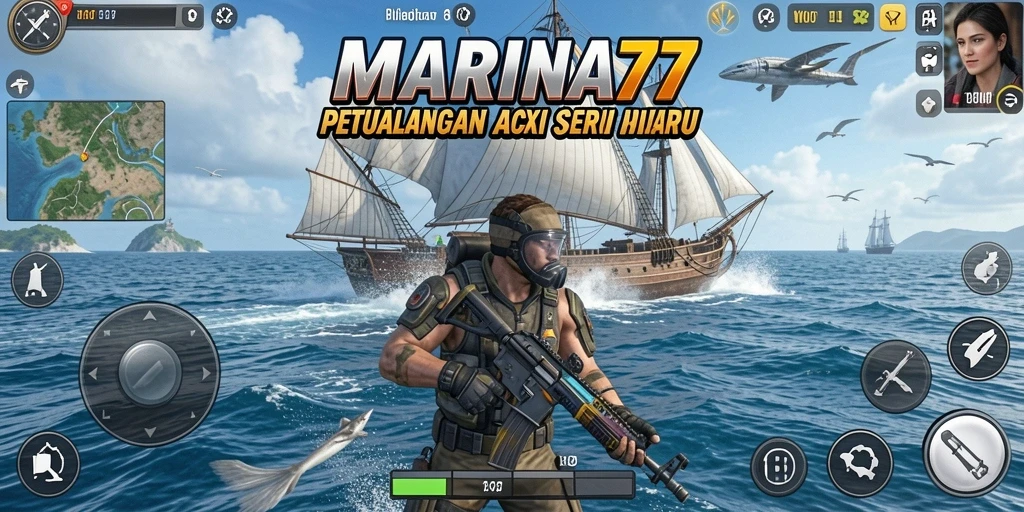 Screenshot utama MARINA77 menunjukkan pertempuran seru di tengah lautan.