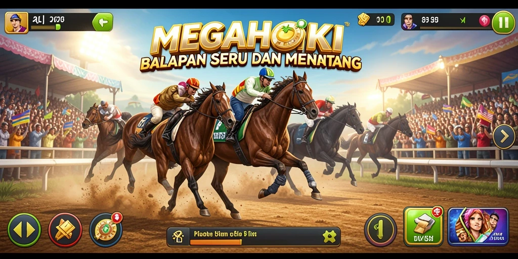Gameplay racing yang seru di MEGAHOKI dengan mobil yang melaju kencang.