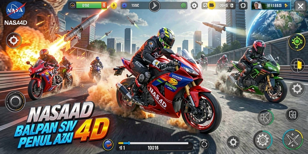 Screenshot gameplay NASA4D menampilkan balapan motor yang mendebarkan.