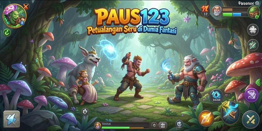 Tangkapan layar gameplay PAUS123 menampilkan pertarungan seru di dunia fantasi.