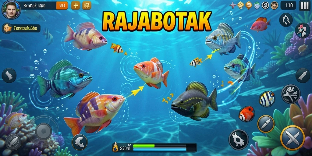 Screenshot gameplay RAJABOTAK menunjukkan aksi menembak ikan yang seru.