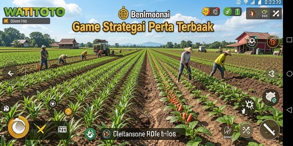 Screenshot gameplay WATITOTO menunjukkan pertanian yang penuh warna dan aktivitas seru.